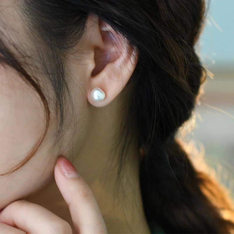 ASHIQI Genuine 925 Sterling Silver Natural Baroque Freshwater Pearl Stud Earrings Ear Clip for Women