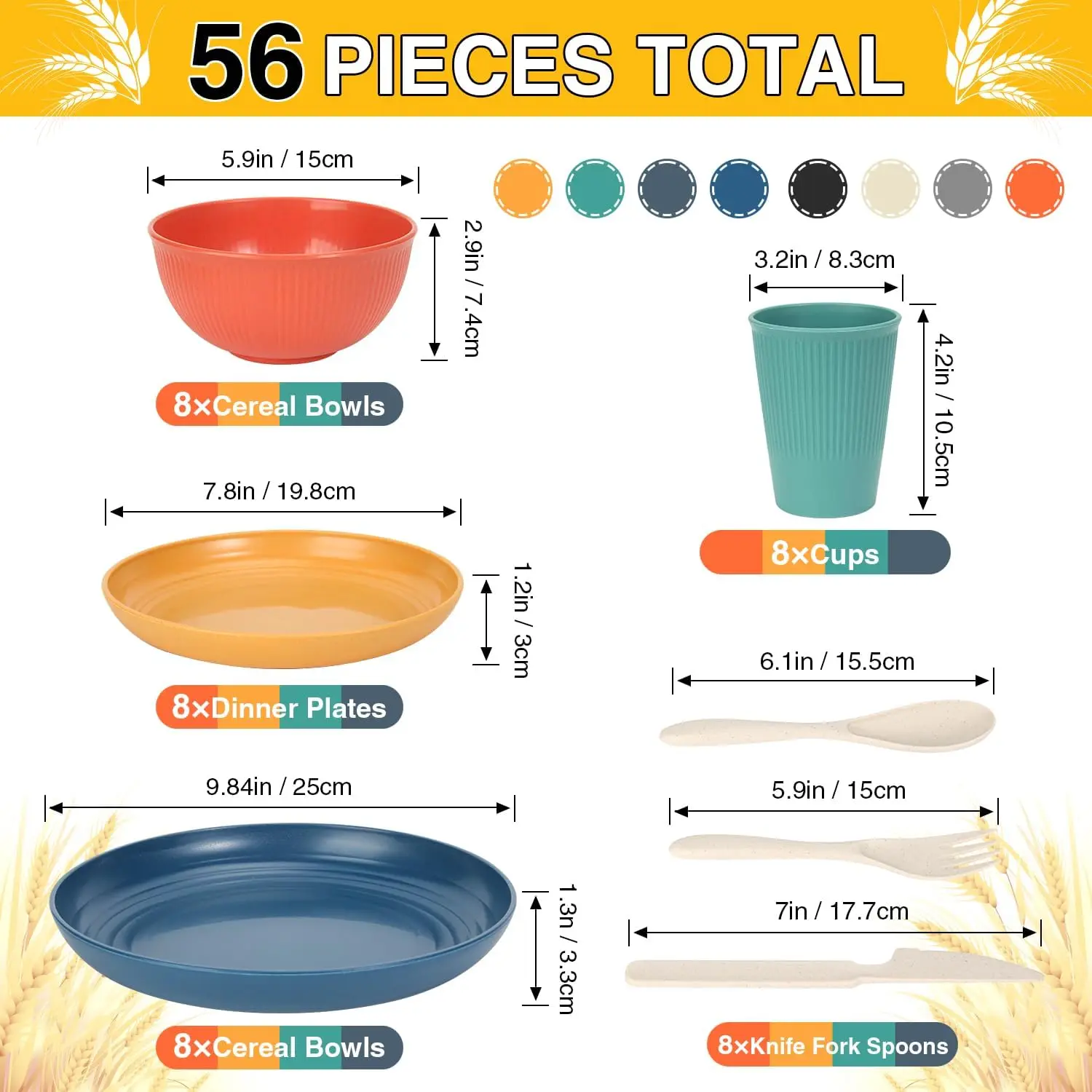 Wheat straw plates and bowls shown in vibrant colors