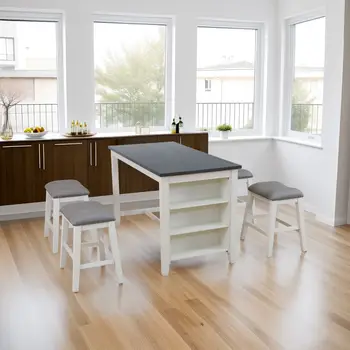 Modern Farmhouse 60" Oak Table Set – 4 Upholstered Chairs with Copper Nail Detail 1