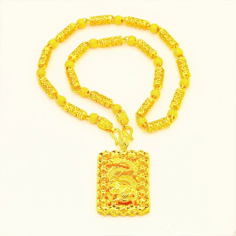 9999 24K Real Gold 9999 24K Real Gold Hollow Necklace Dragon Pendant Men's Domineering Necklace Hollow Dragon Head Chain