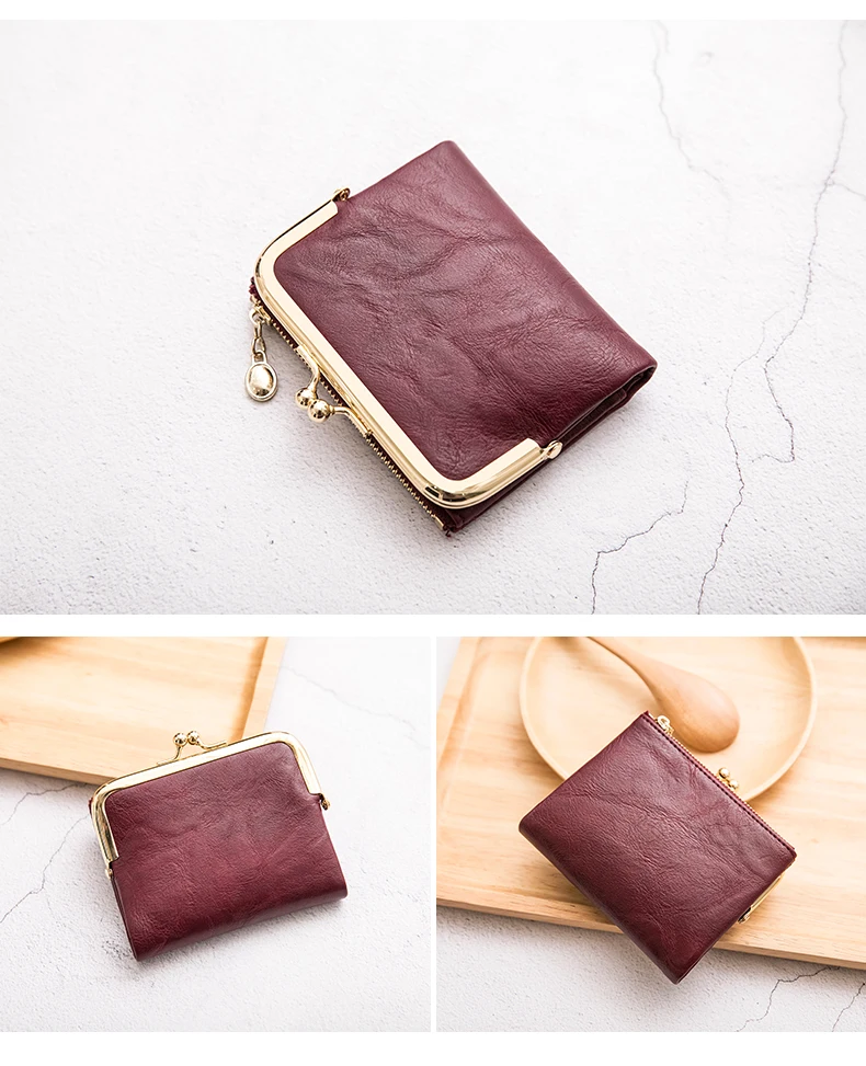 Neue Clip Damen Zero Wallet Retro Multifunktionale Doppelfalt-Lederbrieftasche mit mehreren Kartenfächern, Reißverschluss und Kussverschluss. – Detail 16