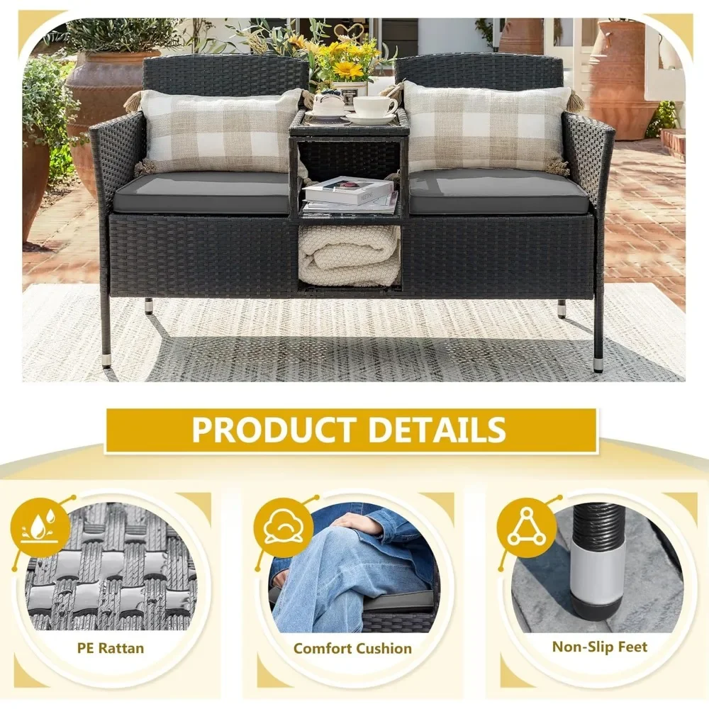 Outdoor Patio Loveseat Modern Rattan 2-Seat Patio Conversation Set with Cushions & Built-in Coffee Table Porch Furniture 5