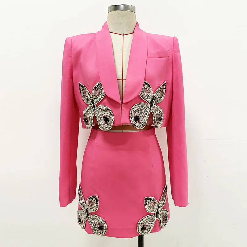 2024 new style heavy industry nail-beaded diamond butterfly short suit half skirt set two-piece