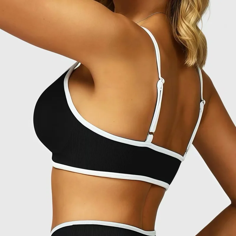 Kontrast-BH für Damen, rückenfrei, gestrickt, Sport-BH, einfarbig, für Fitnessstudio, Fitness, Top mit Brustkissen, sexy Straps-Yoga-Sport-BH – Detail 5