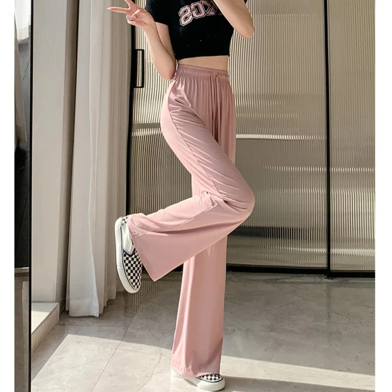 Summer Women's 2024 New Spliced Elasticized High-waisted Drawstring Fashion Loose Minimalist Comfortable Casual Straight Pants