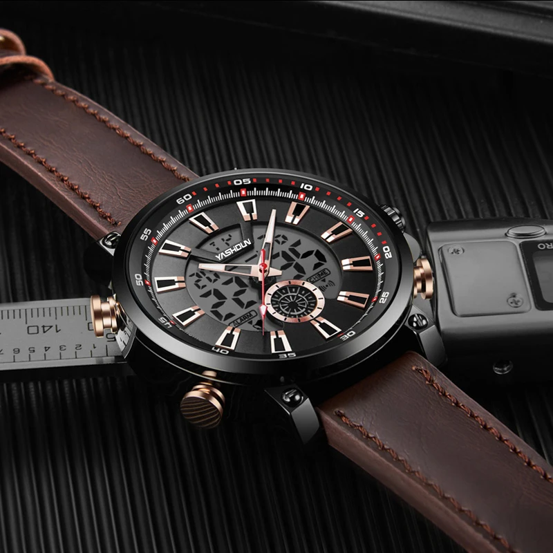 Dual Display Big Dial Waterproof Watches Men Digital Chronograph Leather Watch Male Quartz Clock Relogio Masculino