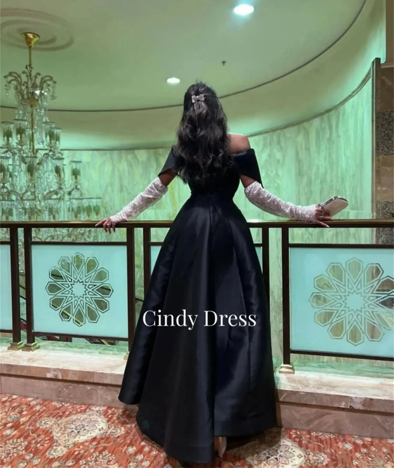Cindy Eid Al-fitr Woman's Evening Dress Party Evening Elegant Luxury Celebrity Sequined Sleeves Medium Length Satin Black Women