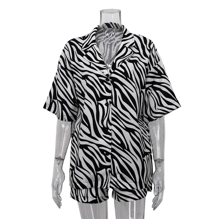 Women Two Piece Sets Outfits Zebra Printed Loose Shirt Tops And High Waist Shorts Set 2025 Casual Streetwear Summer New