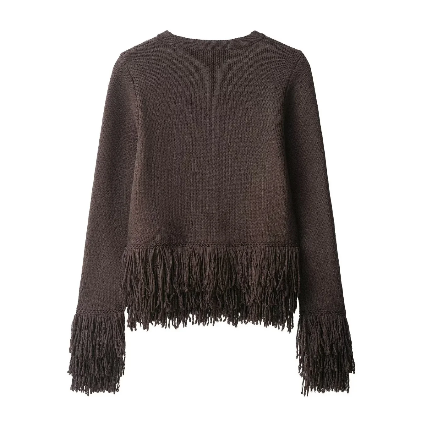 Women Spring Autumn New Coffee Fringed Knitted Cardigan With Single Button Long Sleeves Female O-Neck Open Stitch Sweater Tops