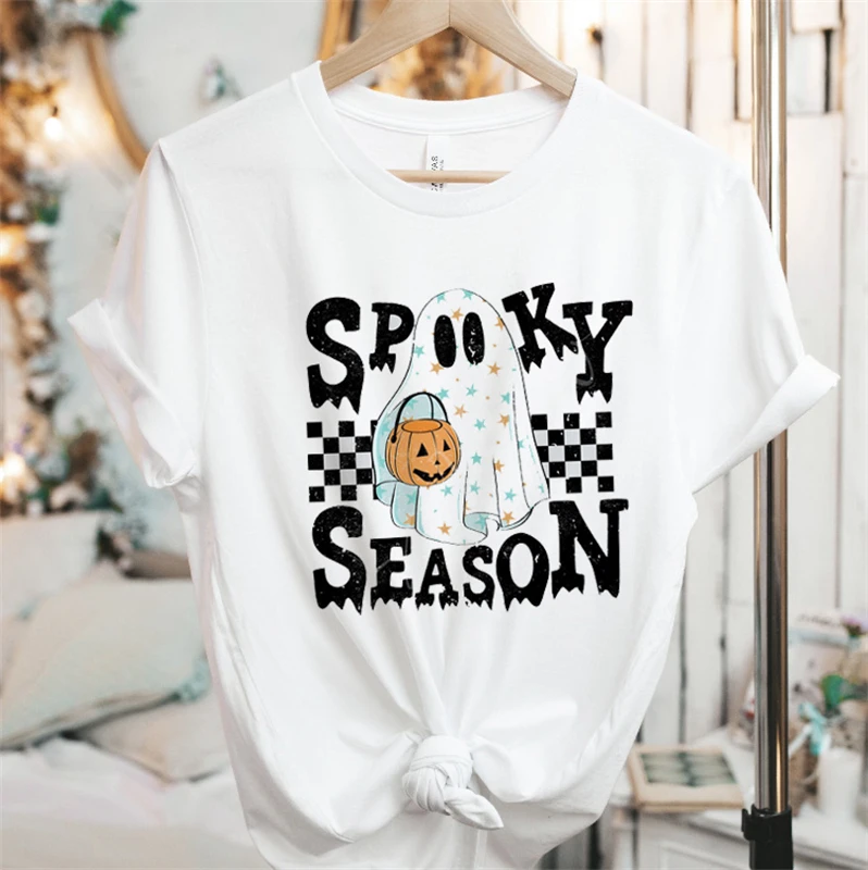 

Holiday Travel Trend Halloween Fashion Round Neck T-shirt Top Short Sleeve Cartoon Pattern T-shirt Women's Casual Printing T-shi