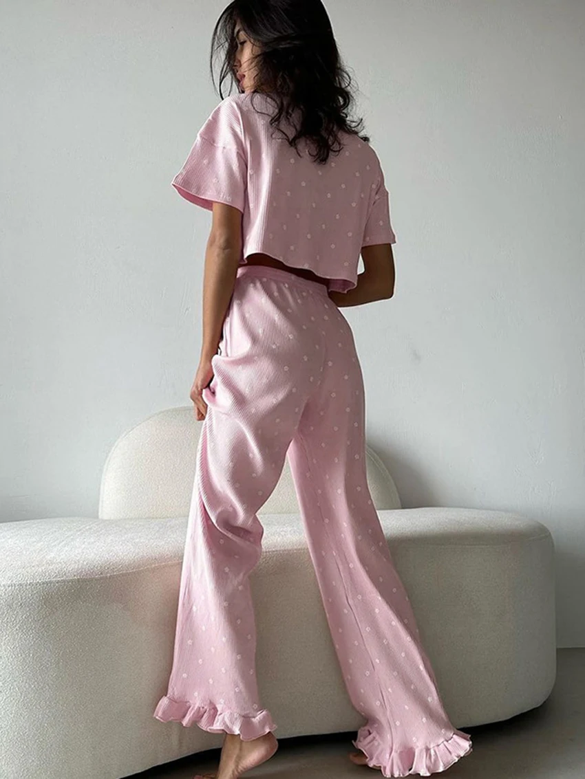 Marthaqiqi Summer Women Nightwear Suit O-Neck Sleepwear Short Sleeve Nightgowns Crop Top Pajama Pants Ladies Nightie 2 Piece Set