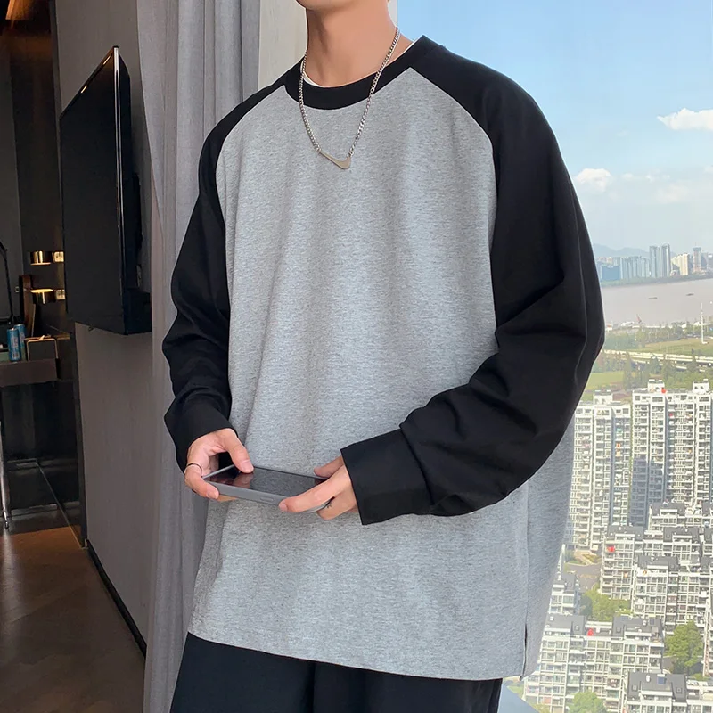 

Autumn Spring Patchwork Long Sleeve O Neck New Casual Men T Shirt Fashion 2023 Hit Color Oversized Vintage Clothing Streetwear