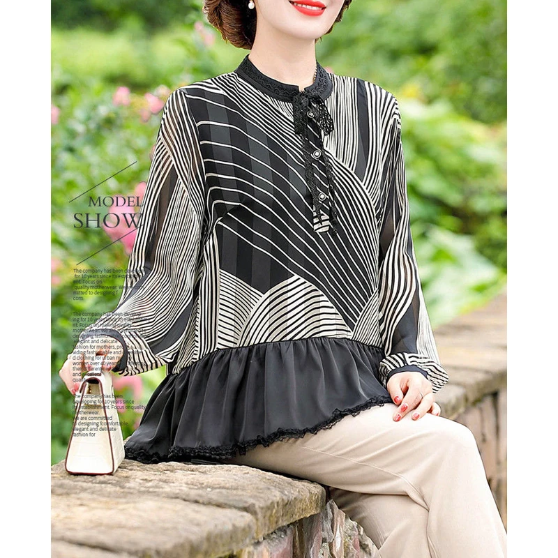 Middle Aged Elderly Women Fashion Striped Print Lace Patchwork Blouse Elegant Chic Irregular Shirt Ladies Long Sleeve Loose Tops