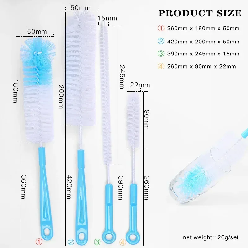 4Pcs Long Handle Cleaning Brush Sets for Narrow-mouth Baby Bottle Pipe Bong Washing Sports Water Bottle Glass Tube Cleaner Tools
