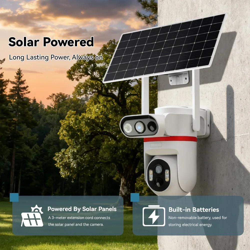 4G LTE Solar Camera, 8MP Ultra HD, 100% Wireless, Dual-Lens PTZ Auto-Tracking Color Night Vision, Dual PIR, IP66, No WiFi Needed