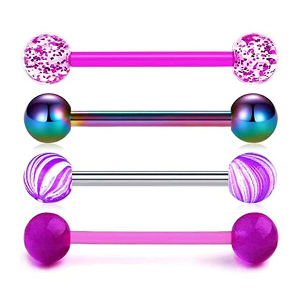 WKOUD 4PCS Nipple Tongue Rings Straight Barbell 14G Stainless Steel