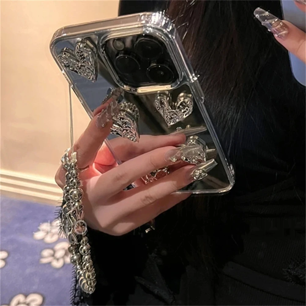 Stylish 3D Love Heart Bracelet Phone Case with Silvery Mirror Finish