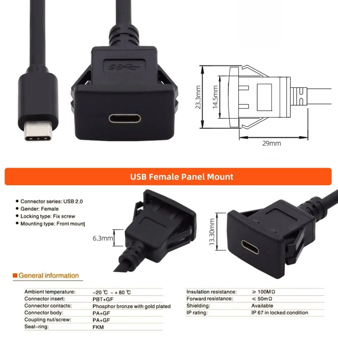 1M USB 2.0, 3.0, 3.1 케이블 C타입 남성-여성 사각 플러시 마운트 패널 연장 코드 (자동차, 트럭, 보트, 오토바이 대시보드용)