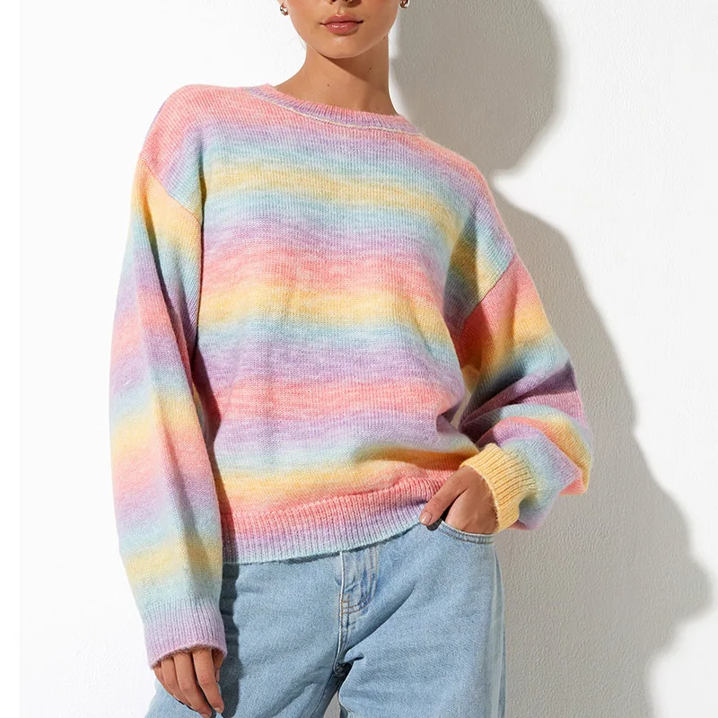 

New Autumn Winter Knitted Sweater Women Oversize Pullover Top Long Sleeve Rainbow Knitwear Fashion High Street Sweater Mujer