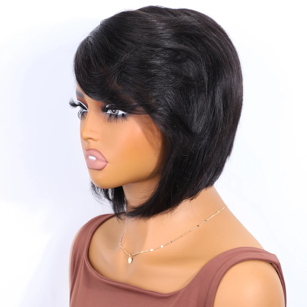 레커 글루리스 블랙 숏 픽시컷 스트레이트 밥 100% 인모 가발 여성용 브라질 레미 헤어 풀 머신 메이드 컬러드