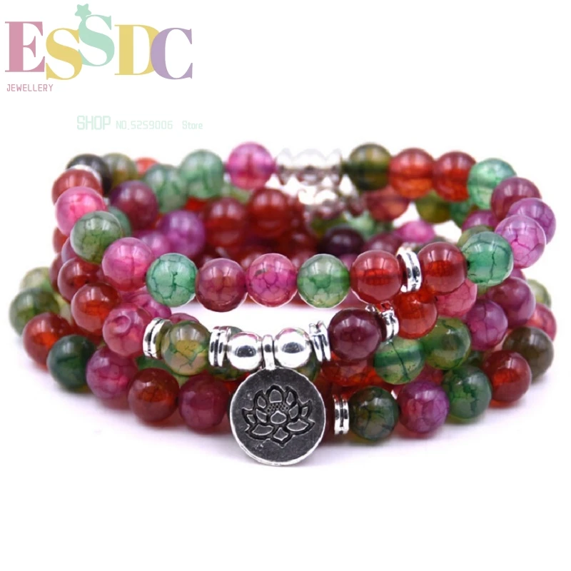 

Bright Natural Colorful Onyx Energy Stone 108 Mala or Necklace with Lotus Charm Beaded Bracelet For Women Yoga Prayer
