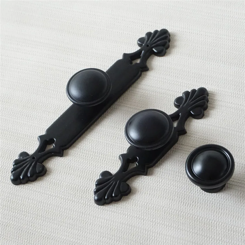 Black Round Door Knobs Single Hole Knob with Backplate Vintage Cabinet Handles Wardrobe Pulls Zinc Alloy Furniture Hardware