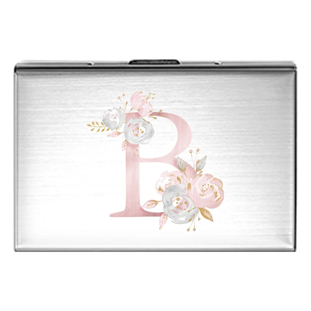 Metal Business Card Holder-Slim Pocket Business Card Case for Unisex Stainless Steel IC Cards Storage Pink Flower Print Series