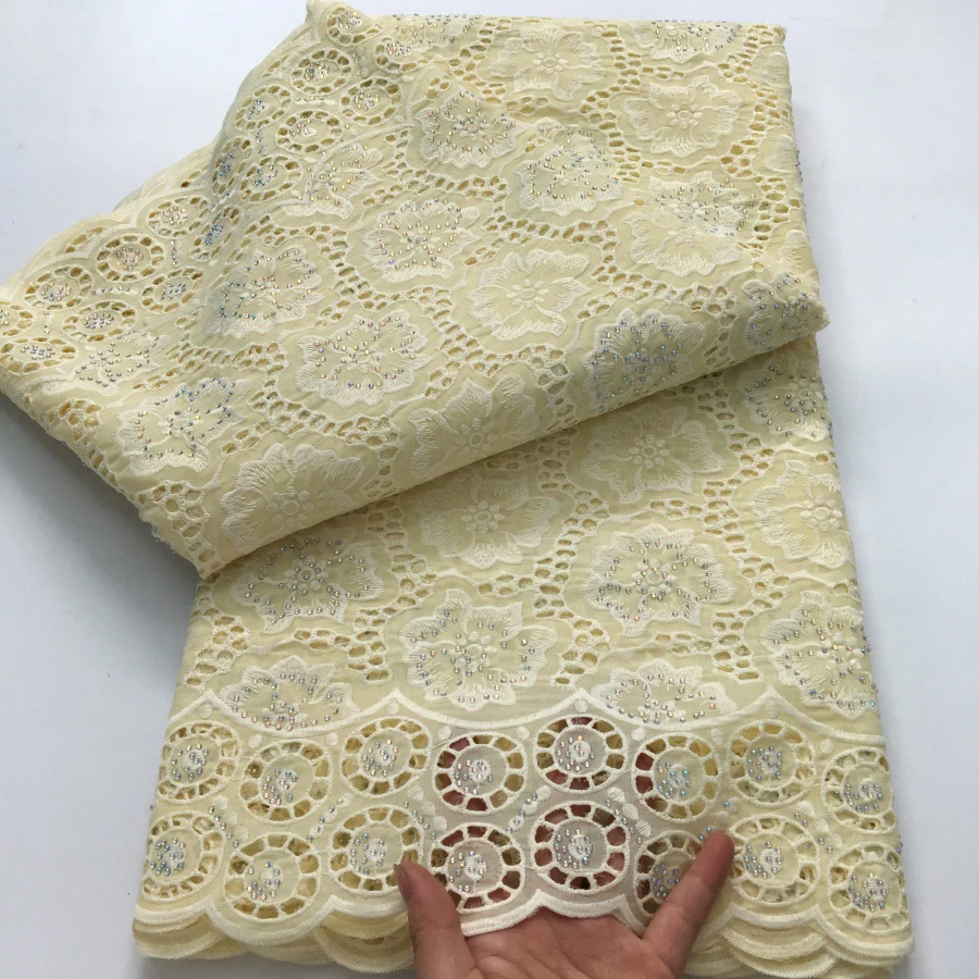 Swiss Voile Lace Fabric High Quality Rhinestone Embroidered African Dry Cotton Lace Fabric for Nigerian Wedding Dress A4273