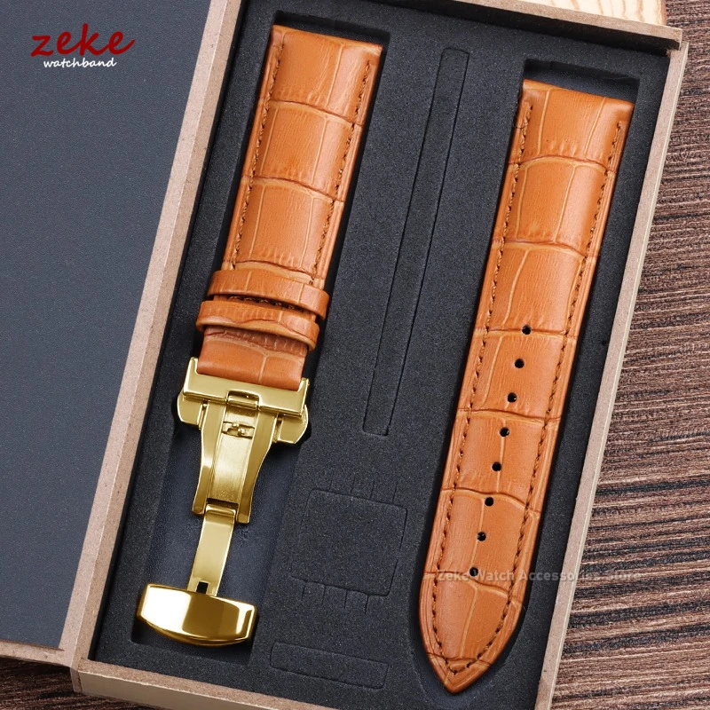 Elegant Genuine Leather Watch Band with Butterfly Clasp and Gift Box