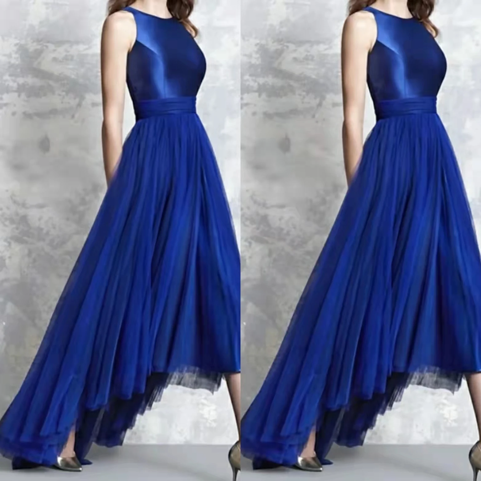 

Vintage Hi-Lo Satin Royal Blue Evening Dress Asymmetrical Tulle Party Wear Cocktail Party Dress O-Neck Prom Dress for Women