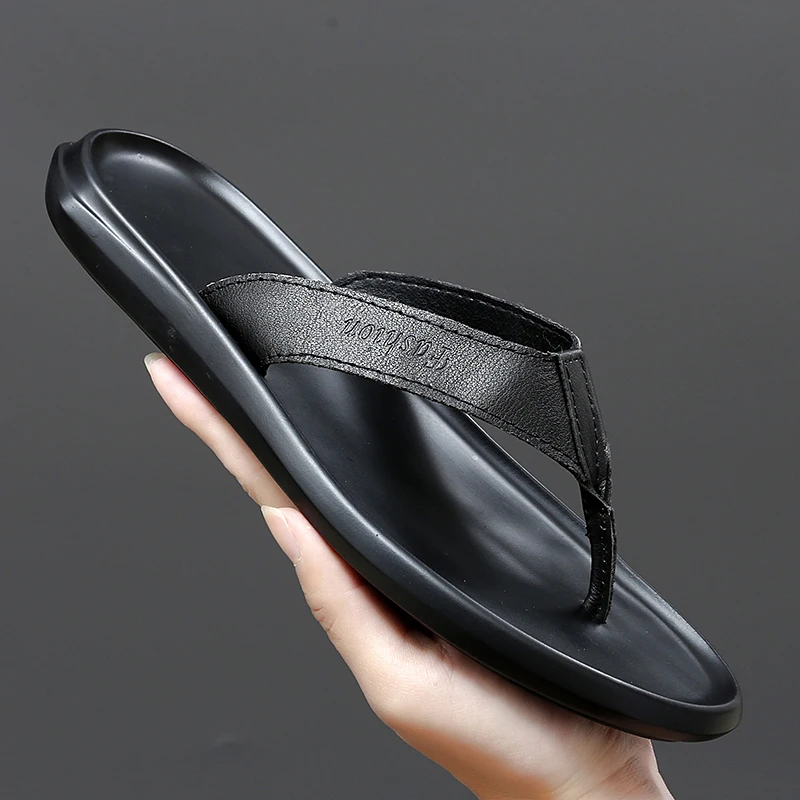 Fashion Men Flip Flops New Soft Bottom Non-slip Men Slippers Leather Casual Beach Summer Shoes Sandals Black