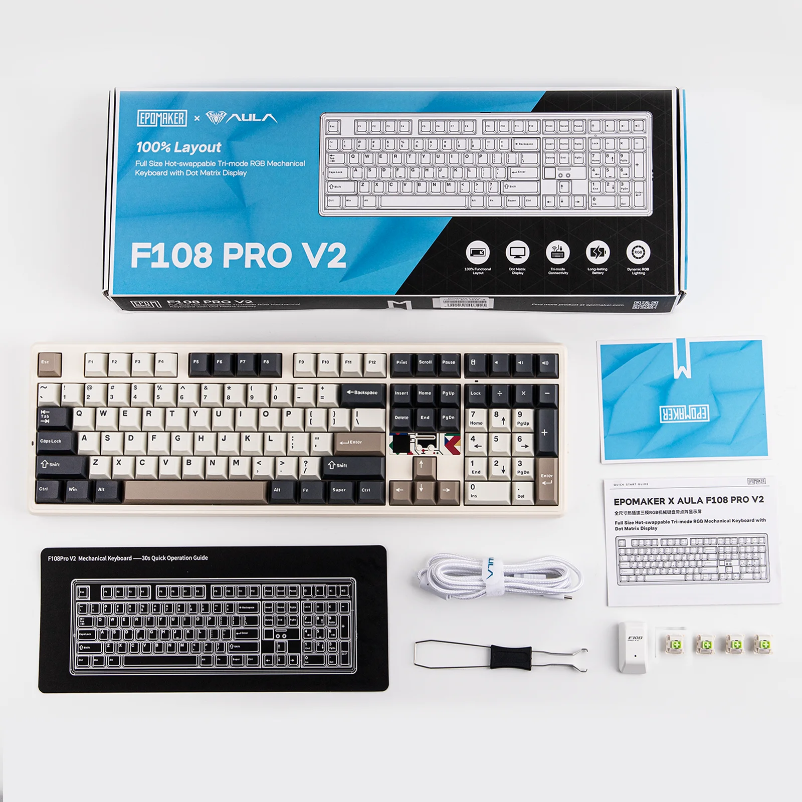 EPOMAKER X AULA F108 PRO V2 풀 사이즈 ANSI US 레이아웃 유선/BT/무선 기계식 키보드 (픽셀 스크린 및 RGB 백라이트 포함)