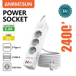 European Surge Protector Power Strip with Overload Protection - 4 Outlet Extension Cord - EU Plug (3 AC sockets USB)