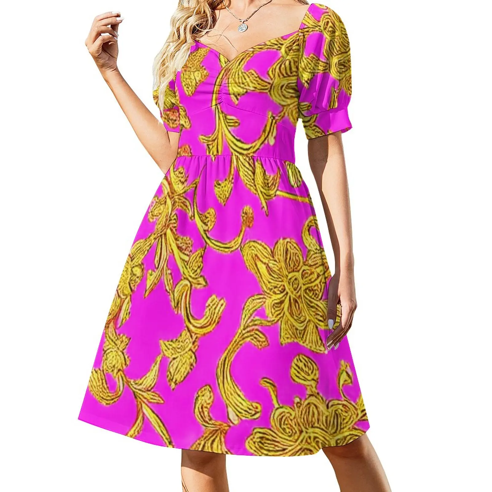 

Hot Pink And Gold Baroque Floral Pattern A-Line Sleeveless Dress Dress women women long dresses summer dresses for women 2023