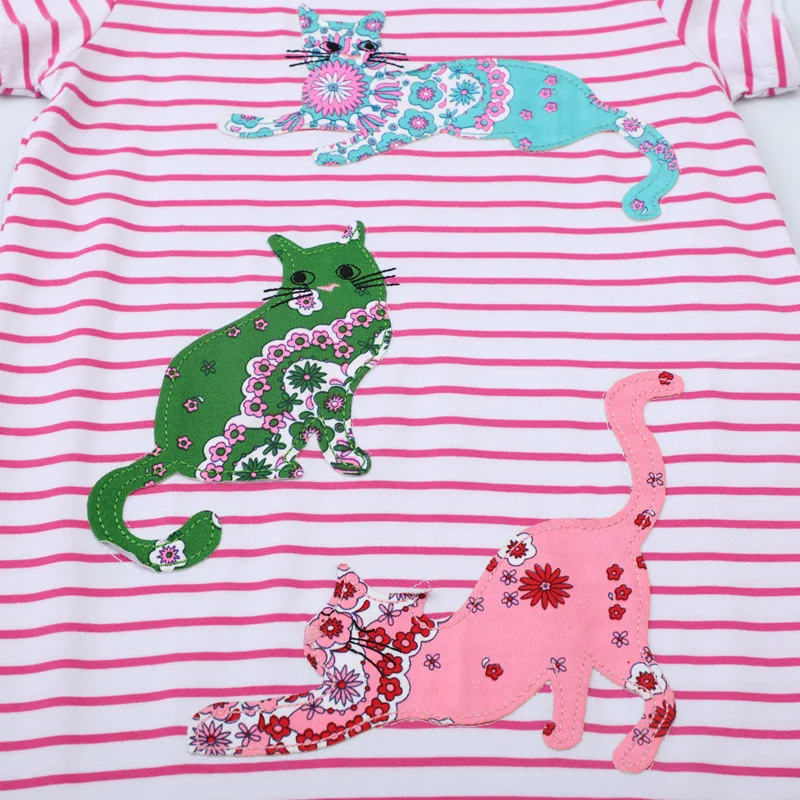 Jumping Meters 2-7T Summer Girls Dresses Striped Cats Applique Children's Clothes Short Sleeve Kids Frocks