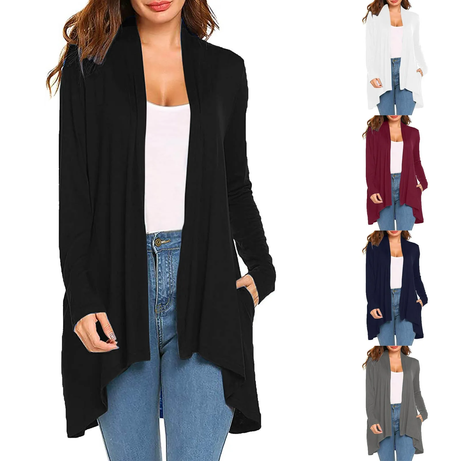 2023 Women's Knitted Solid Color Long Sleeve Pocket Cardigan Top Short