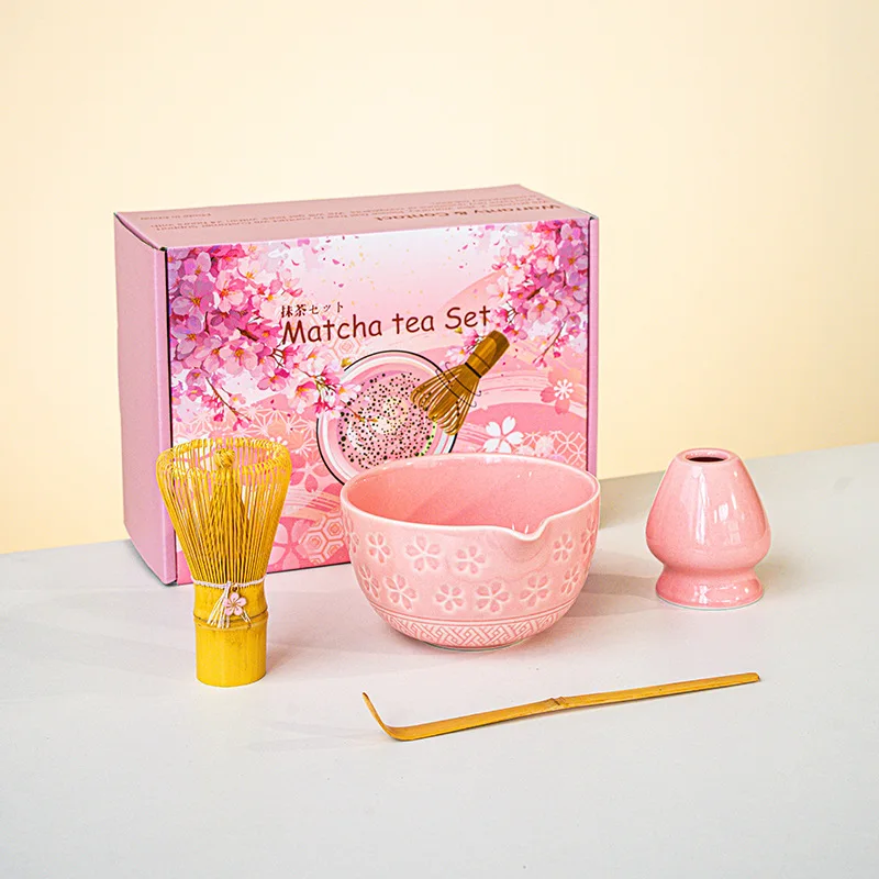MatchAiA Matcha Whisk Set - 6 Piece Ceramic Bowl, Bamboo Whisk, Sifter, Spoon, Holder & Canister - Pink Petal Line Design