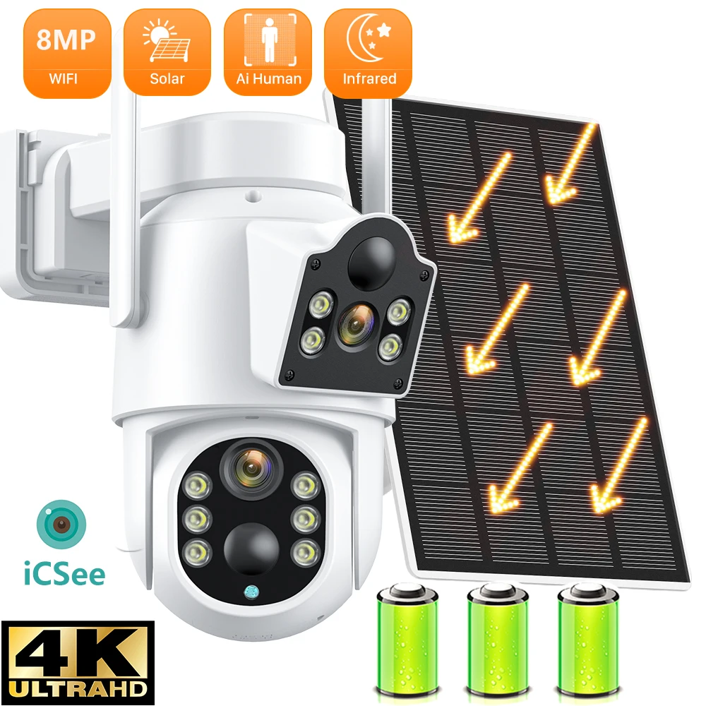 4K 8MP ICSEE WiFi Solar Camera Outdoor Dual Lens Dual Screen 5MP Human Detection HD Video Surveillance Camera 365 Days Standby 1