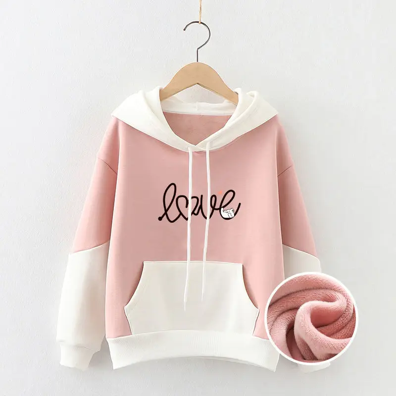 Harajuku Sweet Sweatshirt Hoodies Cartoon Cat Printed Hooded Women Winter Thick Warm Female Cute Kawaii Tops Tracksuit
