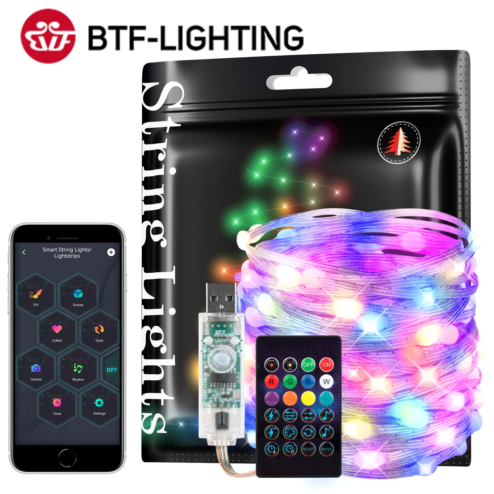  Dreamcolor Christmas Lights String BT Music WS2812B RGBIC Lighting Addressable Party Wedding Garland Decoration Outdoor USB DC5V 