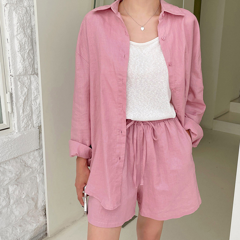 Casual Cotton Linen Two-piece Set Women's Lapel Single-breasted Long-sleeved Shirts Elastic Drawstring Shorts Loose Outfits Suit