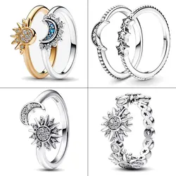 Hot Sale 2023 New 925 Silver Ring Celestial Sun & Moon Ring Set S925 Ring DIY Women Original Pandor Ring Fine Jewelry