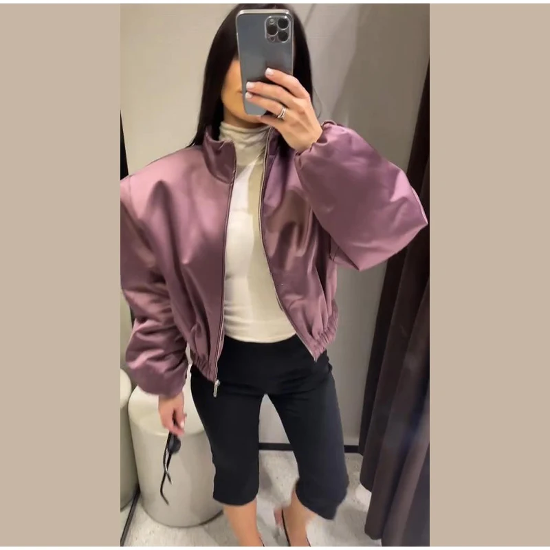 Lässige Damen-Bomberjacke mit Reißverschluss und Stehkragen, Modische Langarm-Jacke für Frauen, Frühjahr 2026 Damen-Oberbekleidung im High-Street-Stil – Detail 9