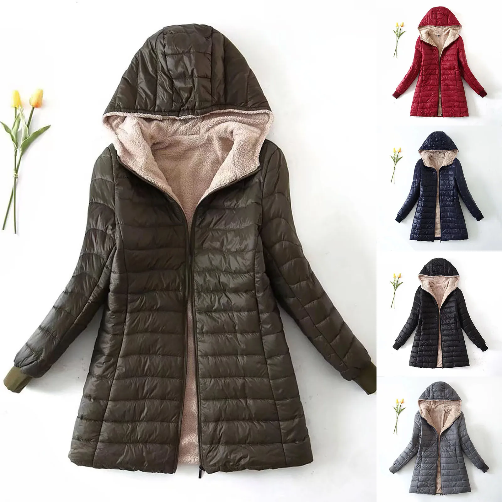 

Women h Coats Winter Long Sleeve Zip Up Hoodies Overcoat Solid Color Warm Fleece Jacket Womens Long Raincoat