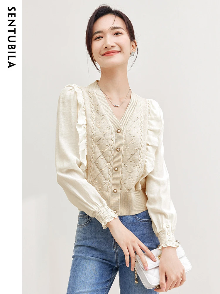 

SENTUBILA Fashion Patchwork Sweater Cardigan Women 2023 Autumn Temperament Knitwear Tops V-Neck Jumpers Office Lady W33H51116