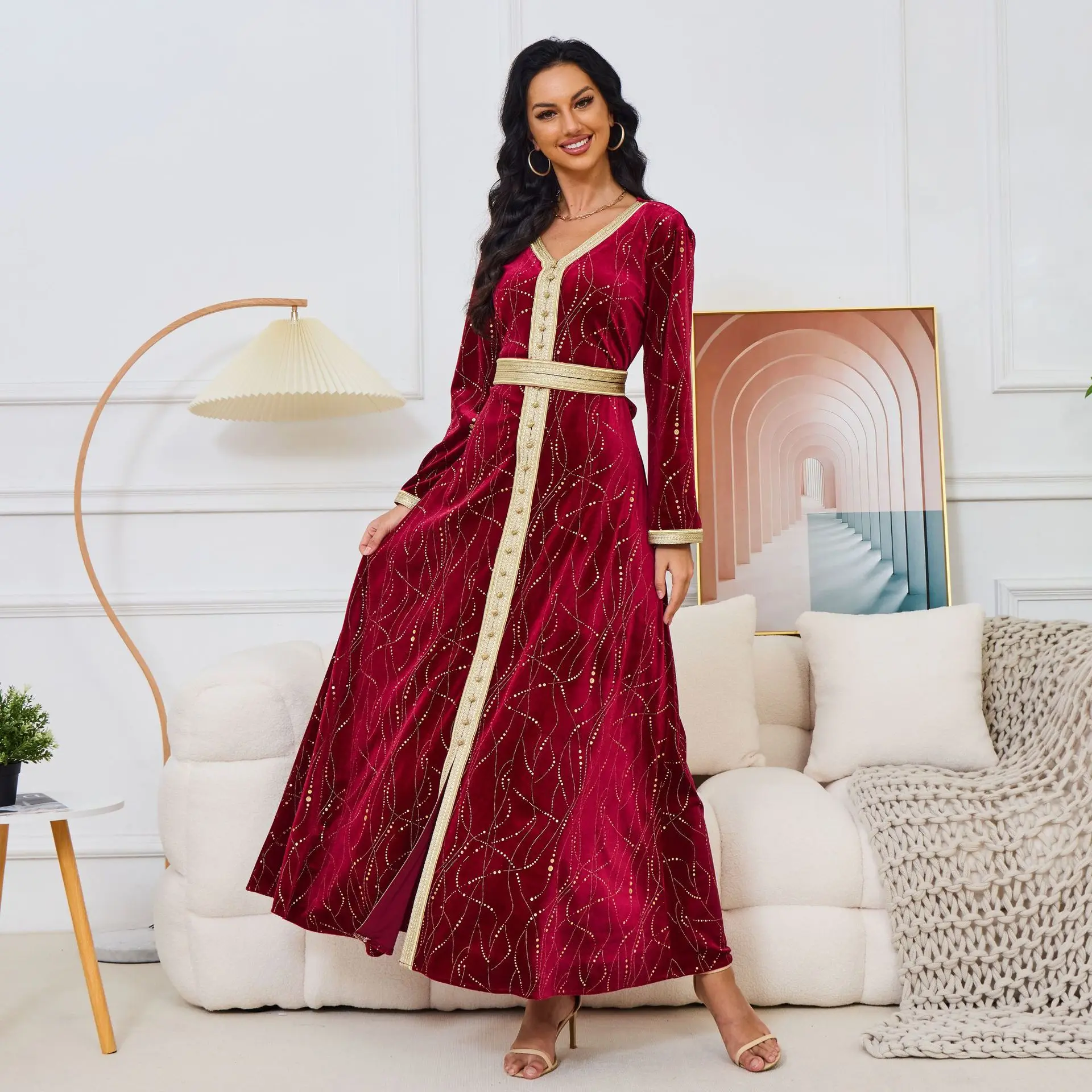 Velvet Autumn Winter Gold Stamping Fashion Red Evening Gown Elegant Long Sleeve V-Neck Abaya with Sashes Muslim Women