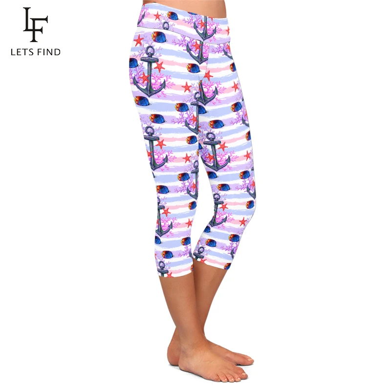 LETSFIND 220gsm Double Side Brushed Milk Silk Anchor Print Women Mid-Calf Leggings High Waist Capri Legging
