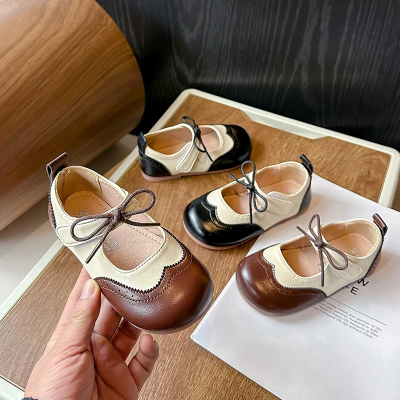 Leather Girls School Shoes with Bowknot for Spring Autumn
