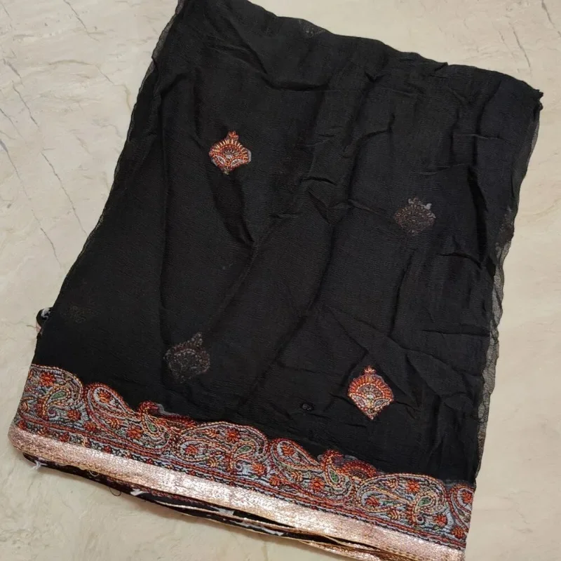 

Black Georgette Dupatta Long Scarf Hand Stitched Embroidery Georgette Veil