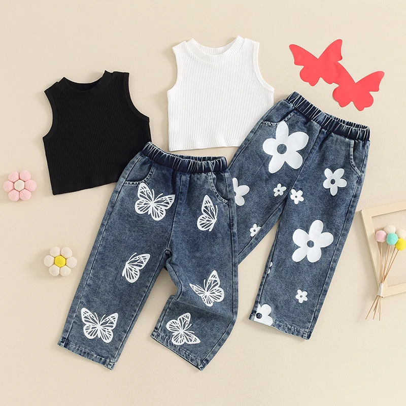 

2024-03-18 Lioraitiin Baby Girl 2Pcs Summer Outfits Sleeveless Ribbed Tank Tops + Denim Pants Set Toddler Clothes